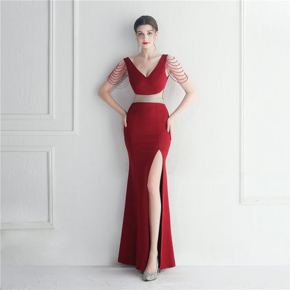 Dress Rhinestone Beaded Star Host Dinner Wedding Long Evening Dress - Wanita Store