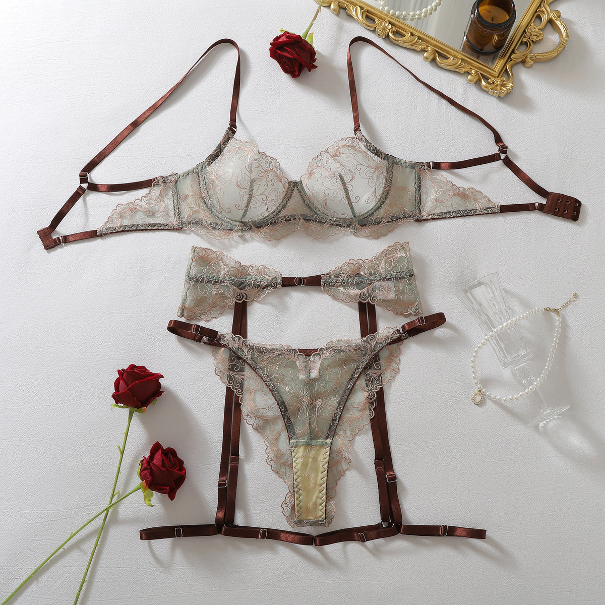 Advanced Embroidery Hollow Out Cutout out See through Shaping Slim Fit Sexy Contrast Color Underwear Split Suit