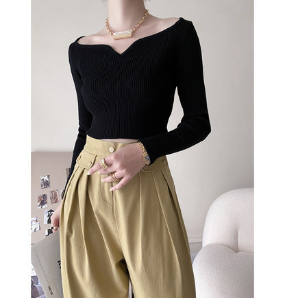 Petal Collar Short Sweater for Women Autumn Slim Fit Collarbone Bottoming Shirt - Wanita Store