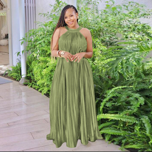 Women Wear Sleeveless Cold Shoulder Artificial Silk Pleated Large Swing Dress