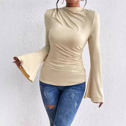 Autumn Winter Pleating Bell Sleeve Stand up Collar Slim Fit T shirt - Wanita Store