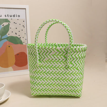Cute Portable Plastic Woven Bag Fresh Square Straw Bag Vacation Beach Bag All Match Vegetable Basket Bag - Wanita Store
