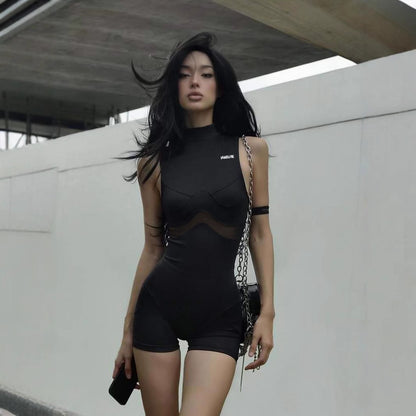 Street Mesh Stitching Hollow Out Cutout Sleeveless Romper Sexy Solid Color Tight Sports Waist Shaping Trousers - Wanita Store
