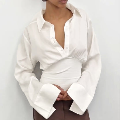 Summer Autumn Breasted Collared Sexy White Shirt Waist Controlled Slimming Long Sleeve T shirt - Wanita Store