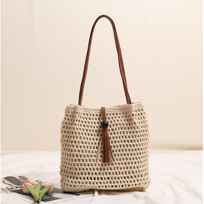 Pleated Shoulder Cotton Thread Woven Bag Tassel Straw Bag Vacation Beach Bag Women Bag - Wanita Store