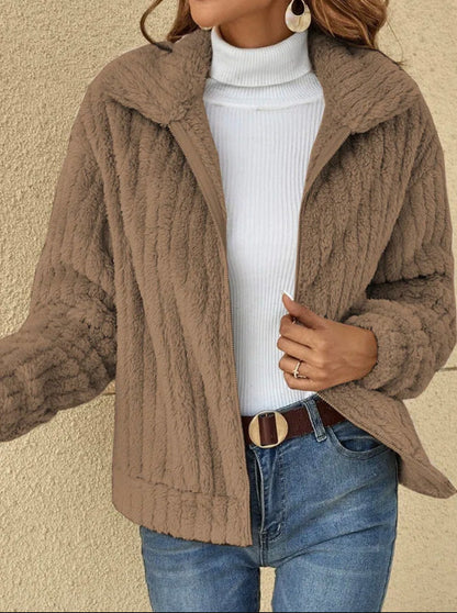 Women Clothing Autumn Winter Sunken Stripe Velvet Collared Short Coat Outerwear - Wanita Store