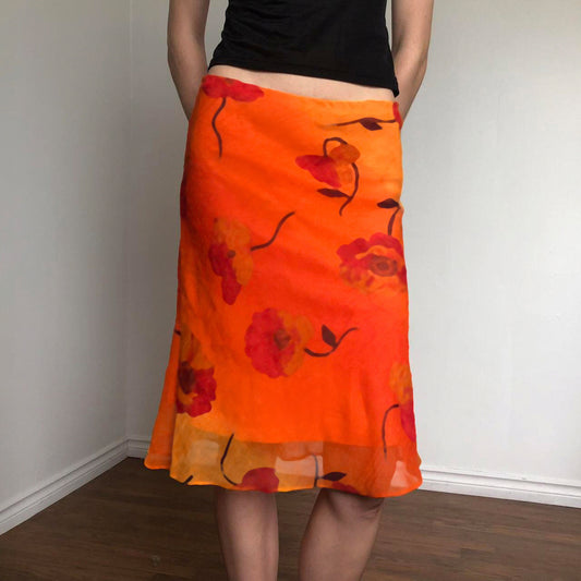 Chinese Retro Floral Print Rendering Contrast Color Sheath Skirt Vacation Chiffon Mesh Midi Skirt