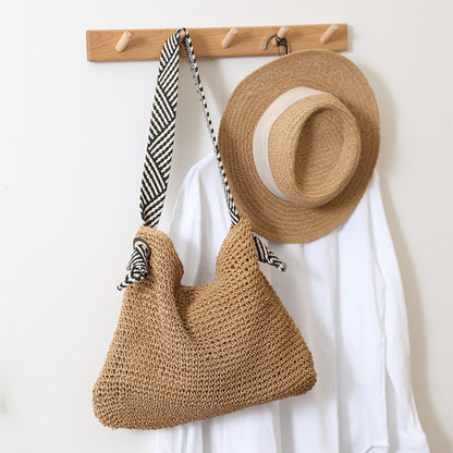 Navy Straw Bag Handmade Shoulder Woven Bag Women Bag Holiday Beach Bag - Wanita Store