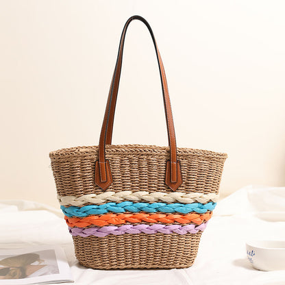 Bohemian One Shoulder Straw Bag Rainbow Stripes Straw Bag Woven Bag Vacation Beach Bag Women Bag - Wanita Store