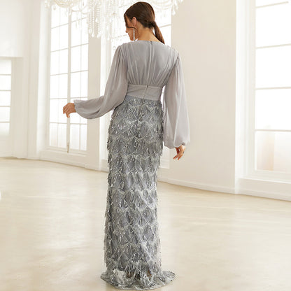 Wedding Spring Autumn V-neck Long Sleeve Chinese High-Waist Blue Sequined Tassel Evening Dress for Women - Wanita Store