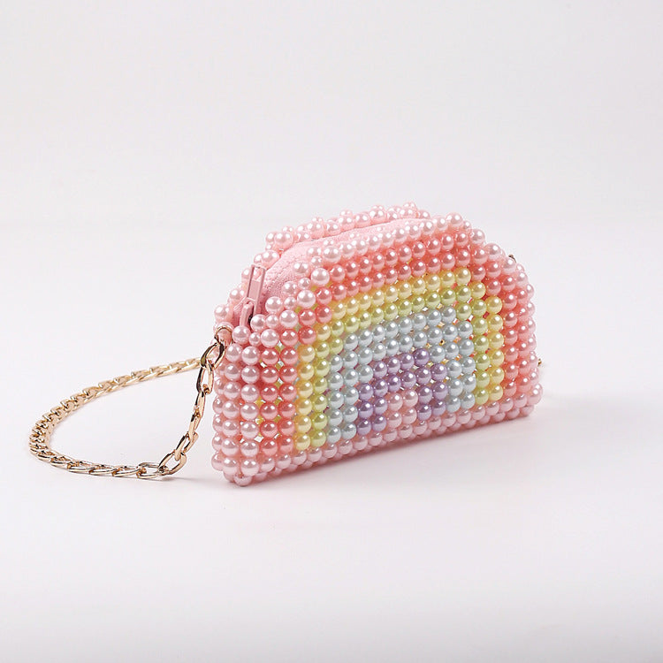 Mini Pearl Rainbow Earphone Chain Bag DIY Beaded Handmade Bag Stylish Textured Pearl Crossbody Pouch