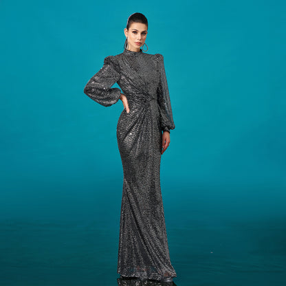 Advanced Long Sleeved round Neck Cocktail Fishtail Sequ Evening Dress - Wanita Store