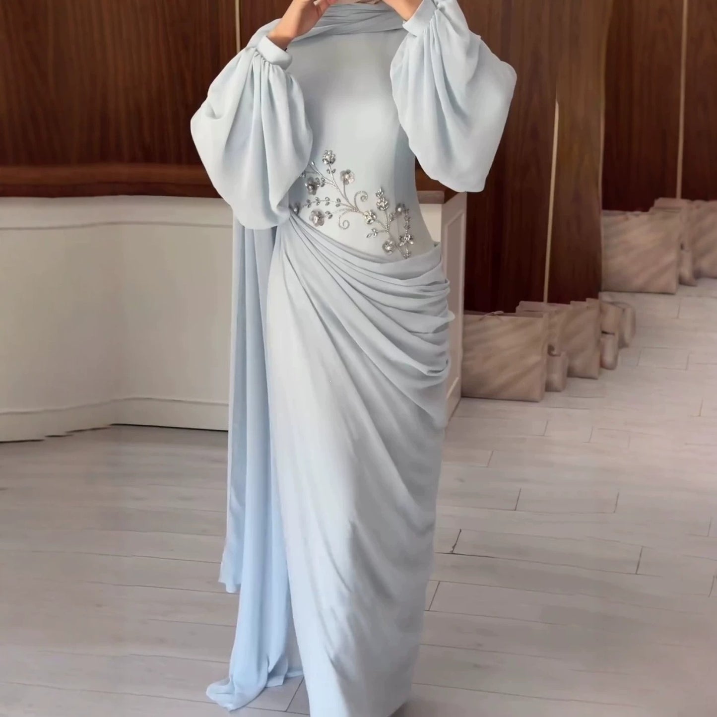 Chiffon Diamond Decorations Floral Long Sleeve Narrow Large Swing Elegant Dress