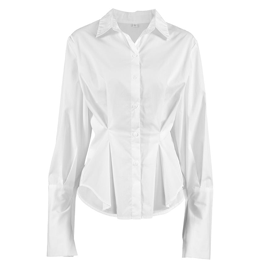 Court White Cotton Shirt Women Light Luxury Pleat Waisted Slim-Fit Long-Sleeved Collared Shirt - Wanita Store