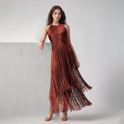 Design Tassel Sleeveless Waist Tight Bandage One Piece Dress Ladies Party Stage Performance Dress Women Clothing - Wanita Store