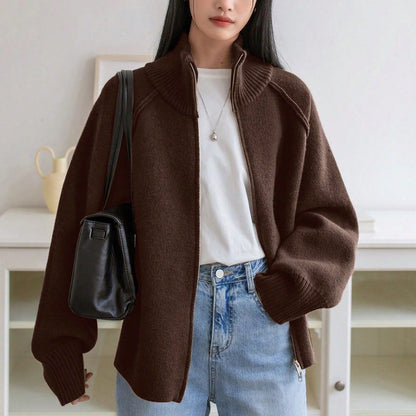 Lazy Sweater Coat Women Autumn Winter Korean Solid Color Stand Collar Zipper Knitted Cardigan Top - Wanita Store