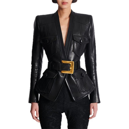 Early Autumn Star Series Belt Slim Fit Leather Jacket Coat - Wanita Store