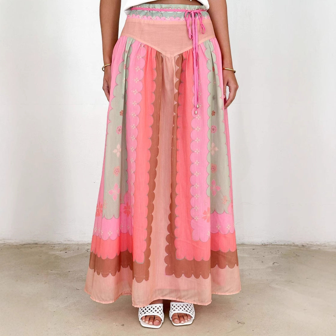 Seaside Vacation Printed Lace up Large Skirt Ethnic Skirt Women