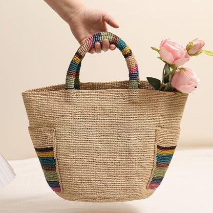 High Grade Raffia Portable Straw Weaved Bag Color Outer Pocket Straw Bag Woven Bag Women Seaside Vacation Beach Bag - Wanita Store