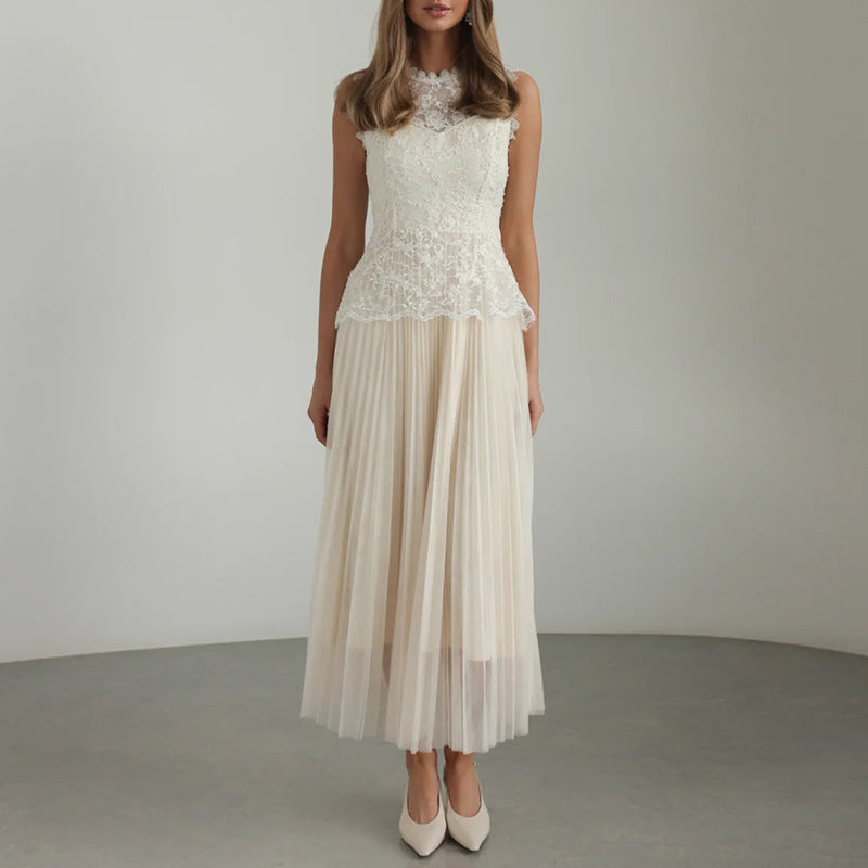 Women Elegant High Grade Dress Summer Lace Embroidered Mesh Stitching Sleeveless Dress