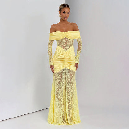 Women Clothing Summer Lace Stitching off Shoulder Slit Long Sleeve Dress Maxi Dress for Women - Wanita Store