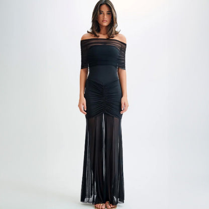 Conjunto de dos piezas de vestido ajustado de malla plisada y top sin tirantes para mujer, otoño