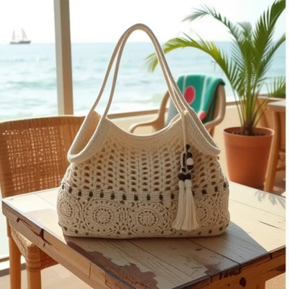 Wooden Bead Tassel Shoulder Cotton Thread Woven Bag Hollow Out Cutout Straw Bag Vacation Beach Bag Women Bag - Wanita Store