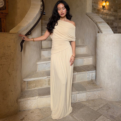 Summer Women Clothing Elegant One Shoulder Cold Shoulder Waist Tight Long Solid Color Dress - Wanita Store
