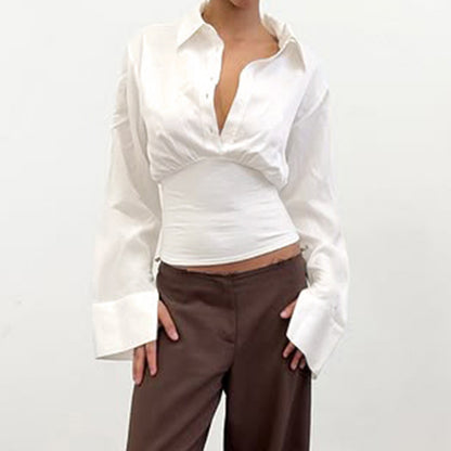 Summer Autumn Breasted Collared Sexy White Shirt Waist Controlled Slimming Long Sleeve T shirt - Wanita Store