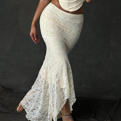 Women Clothing Autumn Sexy Pleated Strap Top French Lace Skirt Set - Wanita Store