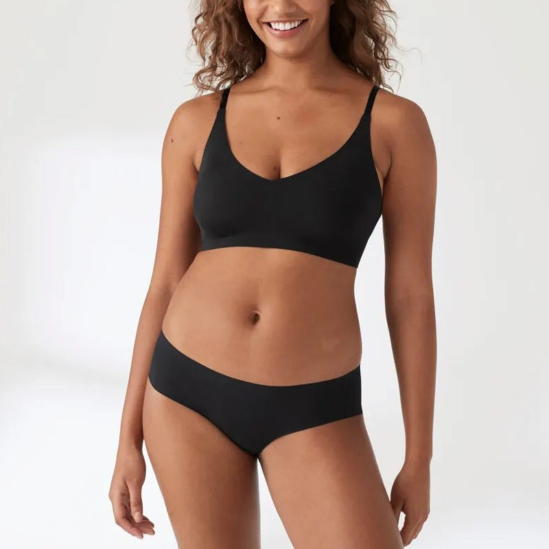 Seamless Comfort Beauty Back Big Chest Small Peach Heart Underwear V Neck without Steel Ring Cross Shoulder Strap Thin Bra Set