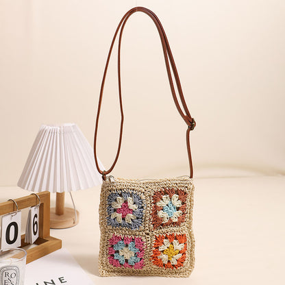 Hollow Out Cutout Floral Crossbody Straw Bag Retro Square Straw Bag Woven Bag Vacation Beach Bag All Match Shoulder Bag - Wanita Store