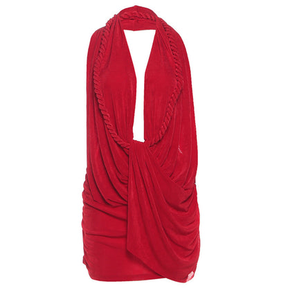 Autumn Winter Women Clothing Sexy Deep V Plunge Halter Backless Hip Solid Color Dress - Wanita Store