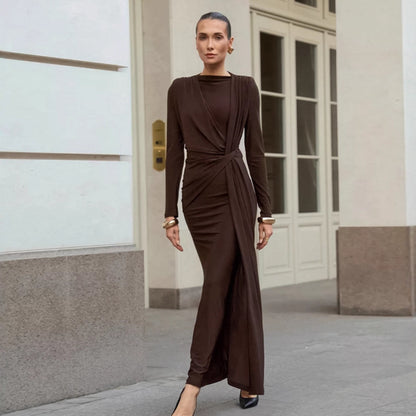 Autumn French Dress Maxi Dress Women Textured Waist Slimming Evening Dress - Wanita Store