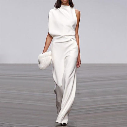 Women Pants Solid Color One Shoulder Pile Collar Jumpsuit Popular Dress Trousers - Wanita Store