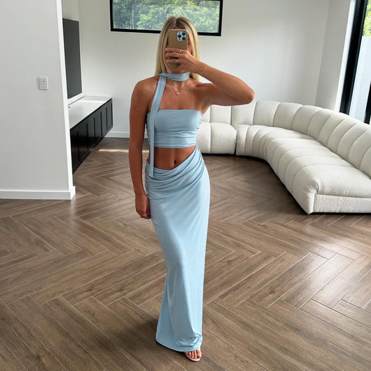 Spring Sexy Tube Top Pleated Slim Fit Sheath Personality Street Dress Long Dress