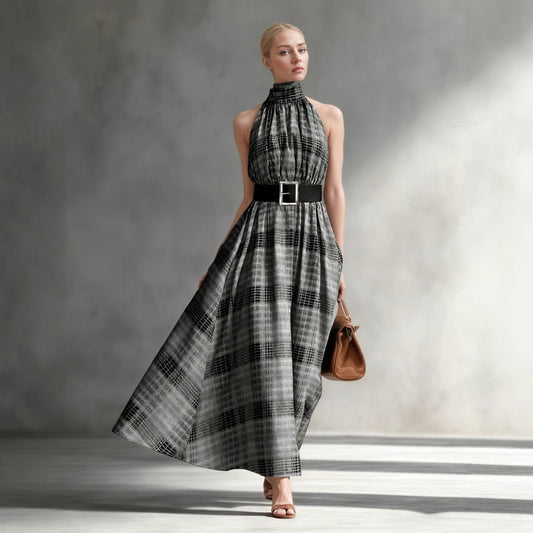 Vestido sin mangas con cuello halter, estampado a cuadros, cintura alta, cordones en la cintura, efecto drapeado, dobladillo grande y corte en A estilo francés