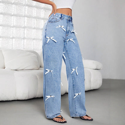 Bow Ribbon Women' Four Seasons Women Wide Leg Denim Trousers - Wanita Store