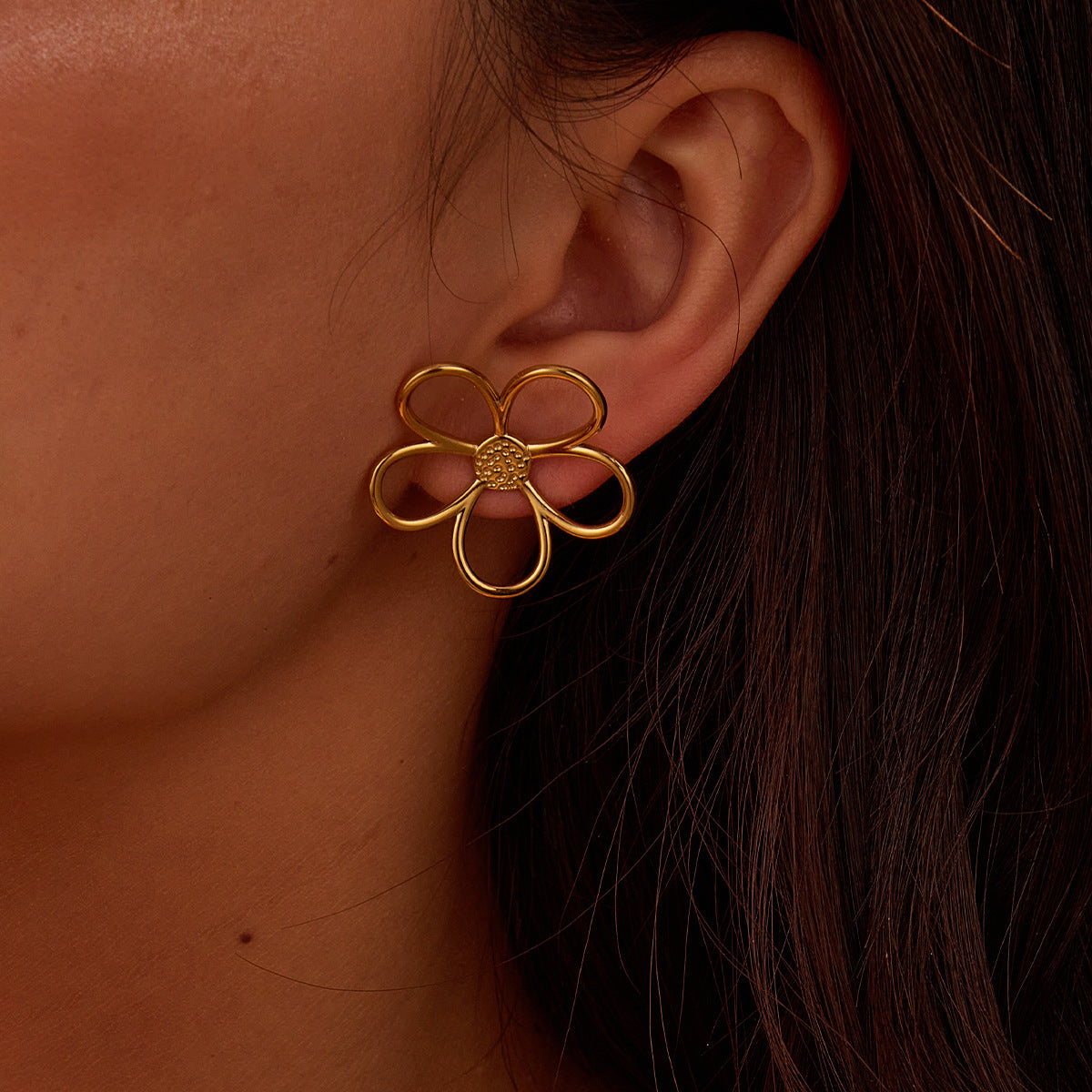 Stainless Steel Gold Silver Color Matching Hollow Out Cutout out Floral Titanium Steel Earrings 18K Gold Plating Design Earrings - Wanita Store