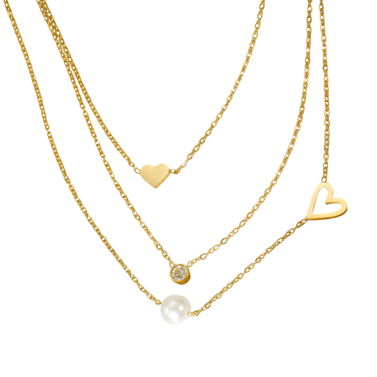 Fashionable Simple 18K Gold Stainless Steel Lovely Pearl Zircon Clavicle Three Chain Twin Necklace for Women - Wanita Store