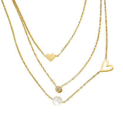 Fashionable Simple 18K Gold Stainless Steel Lovely Pearl Zircon Clavicle Three Chain Twin Necklace for Women - Wanita Store