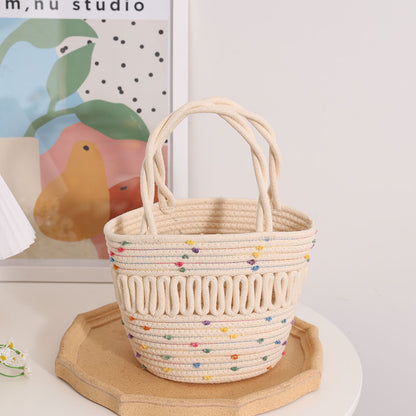 Cute Colorful Beanie Small Basket Niche Hollow Out Cutout Bucket Woven Bag Women Handheld Straw Bag - Wanita Store