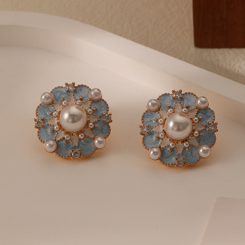 French Blue Color Oil Glaze Floral Stud Earrings Light Luxury High Grade Retro Minority Mid Ancient Pearl Earrings for Women - Wanita Store