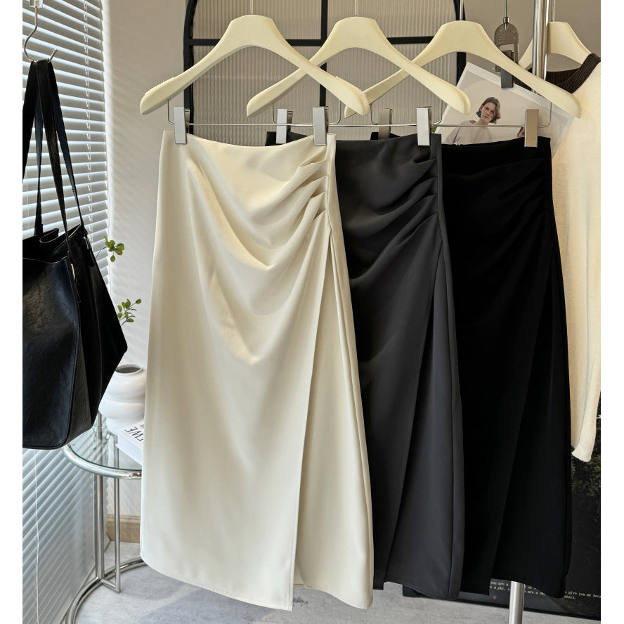 Split Women Spring High Waist Cross-Covering Straight Midi Skirt Irregular Asymmetric Pleated One Step Sheath Skirt