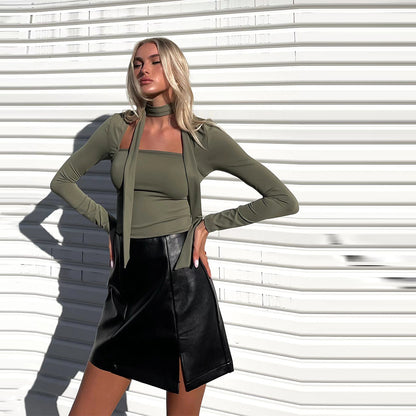 High Grade Adult Lady like Woman T shirt Autumn Winter Square Collar Lace up Slim Fit Elegant Short Top - Wanita Store