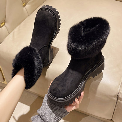 Furry Short Tube Platform Snow Boots Women round Toe Side Zipper Velvet Warm Cotton Shoes - Wanita Store