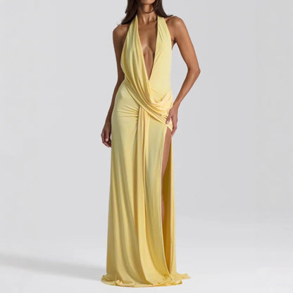 Women Deep V Plunge neck Lace up Backless Sexy Streamers Dress Sexy Maxi Dress - Wanita Store