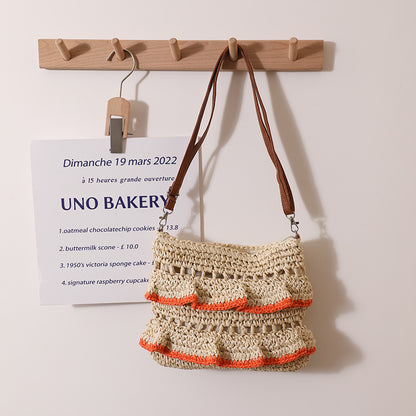 Crossbody Lace Straw Bag Ruffled Summer Color Straw Bag Woven Bag Seaside Beach Vacation Bag - Wanita Store