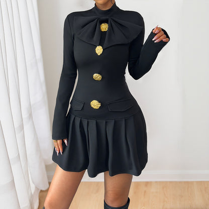 Elegant Sweet Bow Fastener Decoration Half High Collar Long Sleeves Autumn Dress - Wanita Store