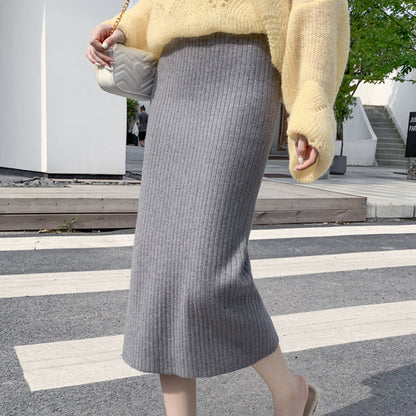 Knitted Skirt Women Autumn Winter with Sweater High Waist Mid Length Wool Thickened Split Hip Skirt Tide - Wanita Store